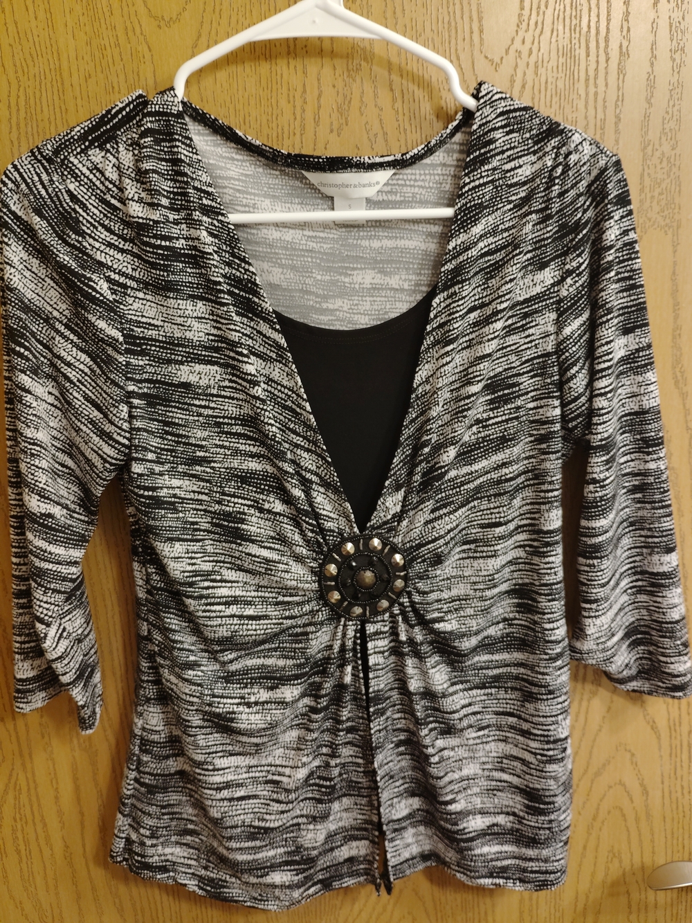 Christopher & Banks Black and White Knit V-Neck Tunic with Decorative Medallion